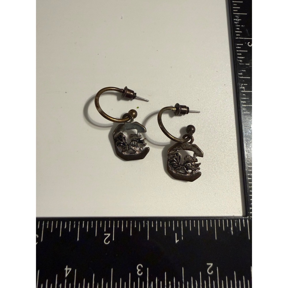 Vintage‎ Antiqued Silver Tone Cut Out Floral Geometric Open Hoop Earrings